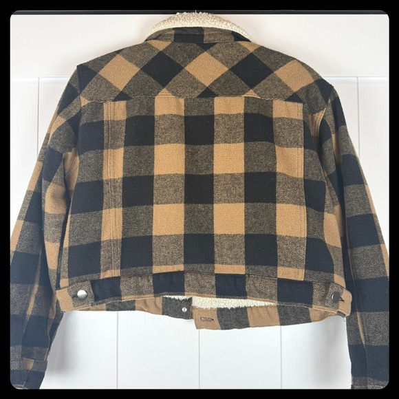 Cropped Faux Sherpa Collar Buffalo Plaid Flannel Jacket Snap Button Brown‎ Black - Picture 6 of 6